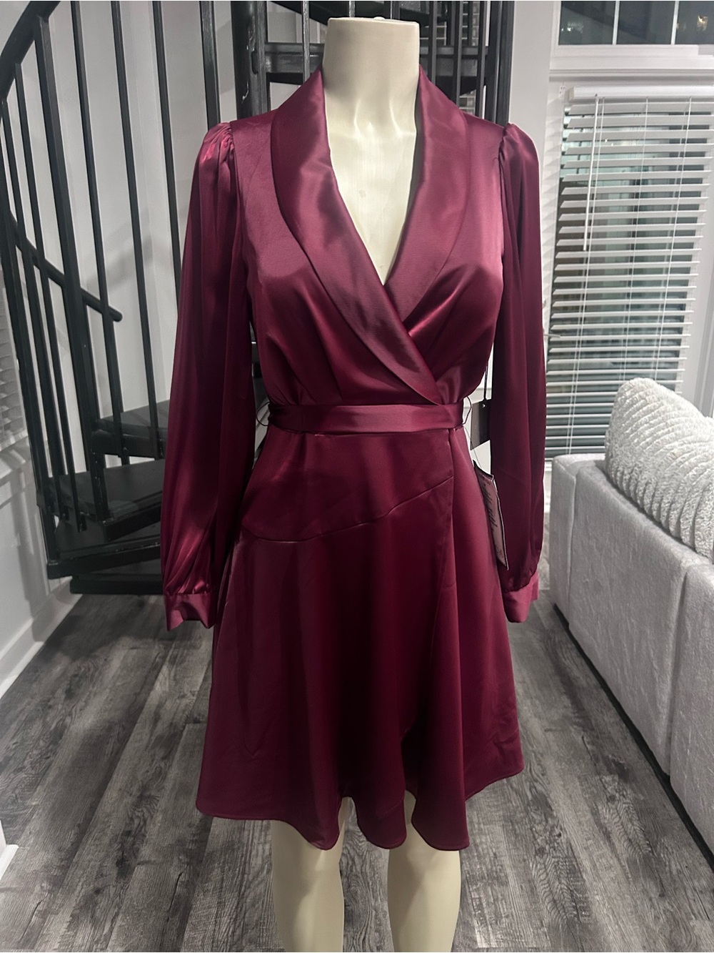 Vince Camuto Satin Wrap Long Sleeve Mini Dress in Burgundy